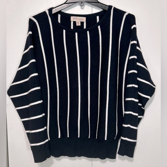 Philosophy Women Large Navy Blue White striped Crew Neck Ribbed Stretch Sweater - Picture 1 of 10